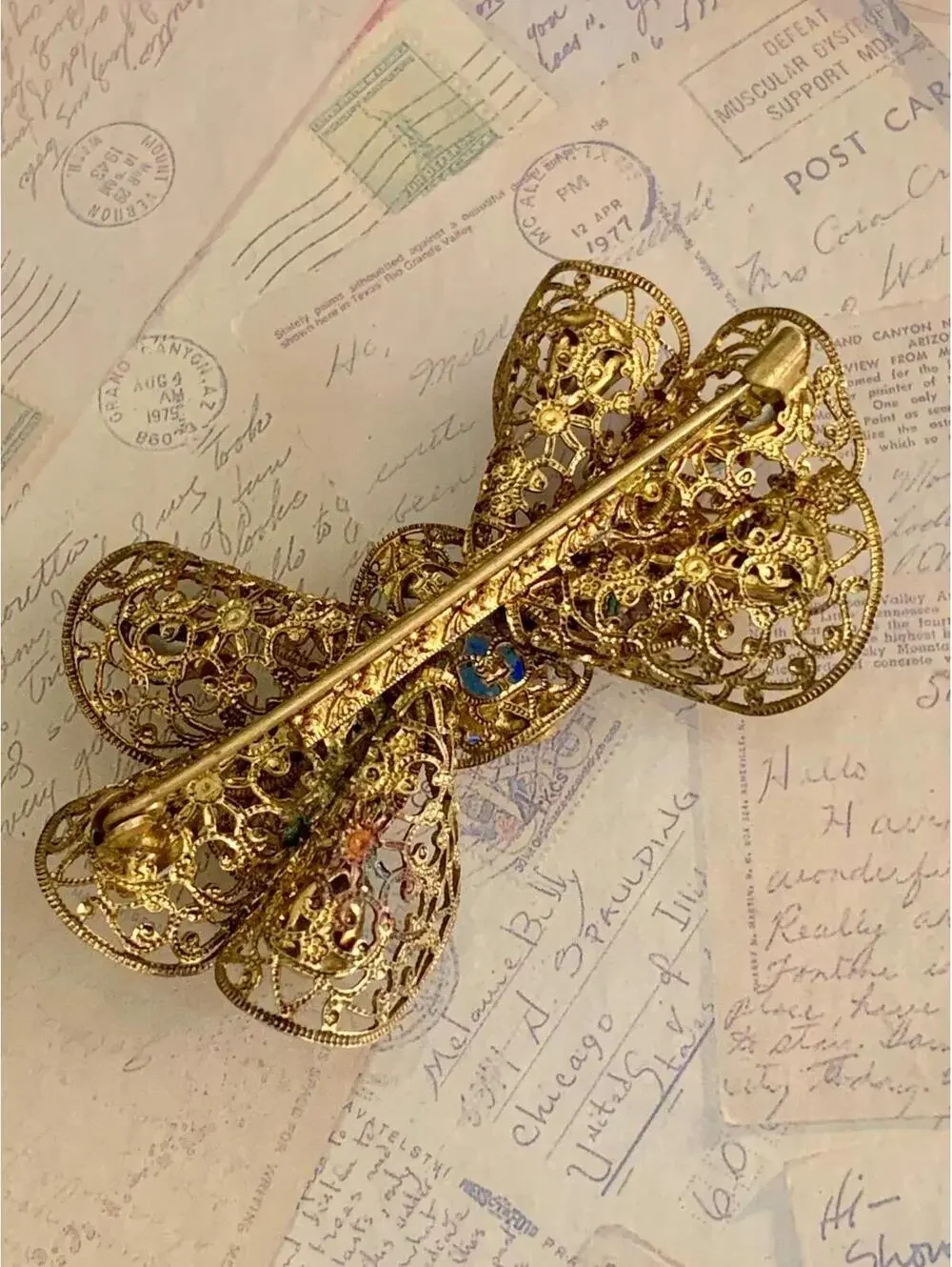 Vintage Blue Rhinestone Bow Brooch | Filigree Pin | Mid-Century Jewelry